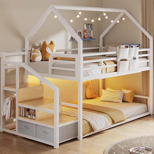 Jocoevol Metal Bunk Bed Twin Over Twin with Storage Staircase Clothes Rack LED Twin Bunk Beds for Kids with 2 Storage Drawers Full-Length Guardrail No Box Spring Needed Easy Assembly White