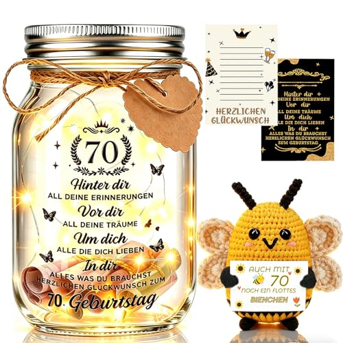Johiux 70 Geburtstag Frau Mann LED Flaschenlicht Geburtstag mit Positiver Kartoffel Biene Pocket Hug Positive Glücksbringer Biene Geburtstagskarte Lustige Geldgeschenke Verpackungen 70 Jahre