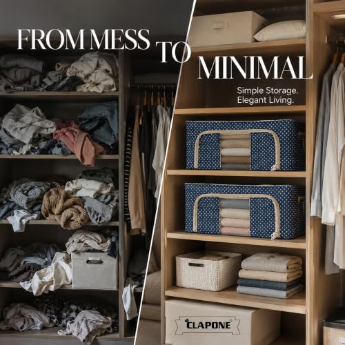 Image of CLAPONE Foldable Steel Frame Cloth Organizer Storage Box and Organiser /Wardrobe Organizer for Storage /almirah for Sarees /Shirts /Blankets /Clothes Storage Box (Blue, 66 Ltr - Pack of 2)