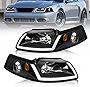 ADCARLIGHTS for 1999 2000 2001 2002 2003 2004 Mustang Headlight Assembly with LED Tube - Headlights for 99-04 Ford Mustang V6 GT SVT Cobra Headlamp Replacement Black Housing Amber Reflector Pair