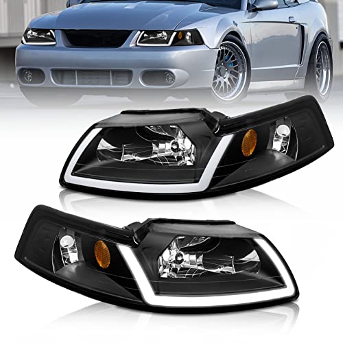 ADCARLIGHTS for 1999 2000 2001 2002 2003 2004 Mustang Headlight Assembly with LED Tube - Headlights for 99-04 Ford Mustang V6 GT SVT Cobra Headlamp Replacement Black Housing Amber Reflector Pair