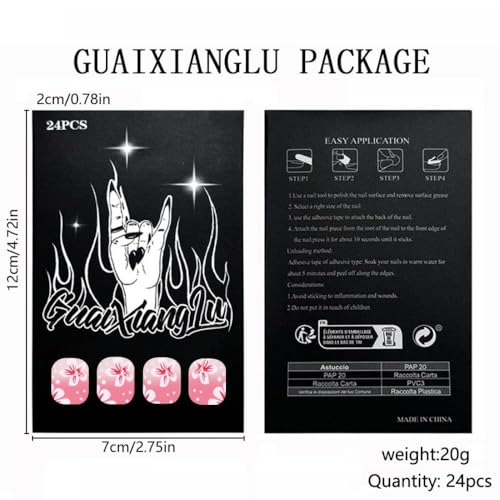 Image of Flower Press on Nails Spring Summer Fake Nails Pink Full Cover Glue on Nails with Glitter Design Floral Stick on Nails Reusable Artificial Acrylic Short Square False Nails for Women Manicure 24Pcs