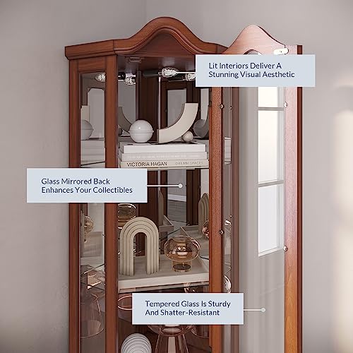 Image of BELLEZE Lighted 3-Side Glass Display Curio Cabinet w /Tempered Glass Doors and Shelves, Curved Wood Corner Cabinet with Bulb, Corner Storage Rack for Living Room and Kitchen (Oak)