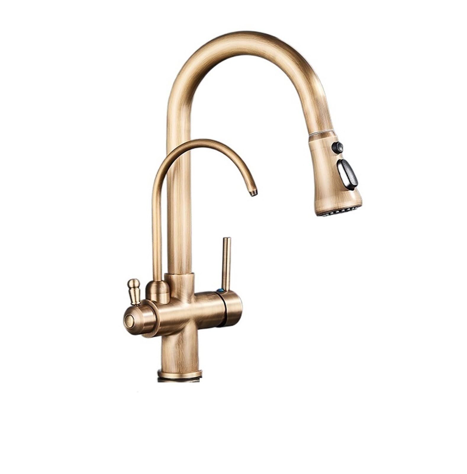 Robinet de cuisine filtré haut de gamme aspect laiton antique et douchette 3 voies