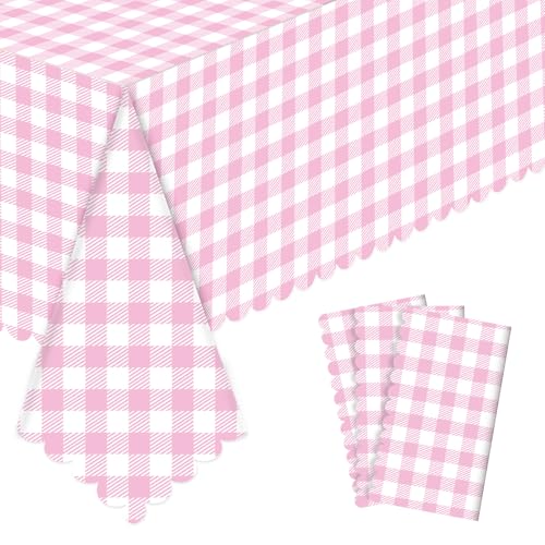3 Pack Pink Gingham Tablecloths, 54 X 108Inch Disposable Party Table Covers Scalloped Pink Checkered Table Cloth Waterproof Pink White Tablecloth for Picnic Birthday Barbecue Tea Party Wedding