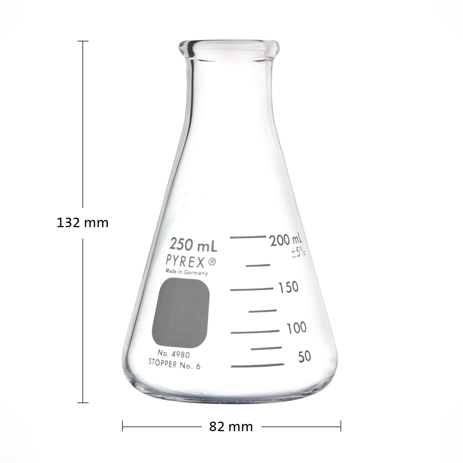 PYREX Petaca Erlenmeyer de boca estrecha con borde resistente, frasco de vidrio borosilicato, frasco de cristal premium para laboratorio, aula o uso en el hogar, 250 ml, paquete de 6