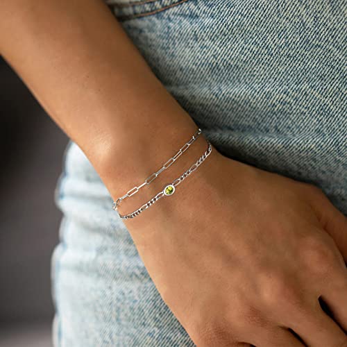 Chicsilver September Birthstone Bracelet For Women 925 Sterling Silver 3Mm Round Cubic Zirconia Cz Created Sapphire Figaro Chain Bracelet Birthday Jewelry Gifts #TOP2