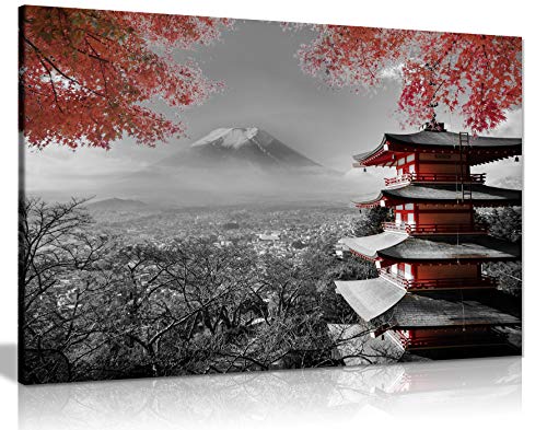 Lienzo Decorativo para Pared con diseño de Templo japonés en otoño, Color Negro, Blanco y Rojo (18 x 12)