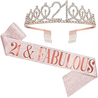 21st Birthday Sash and Tiara for Girls, 21 & Fabulous Birthday Sash and Crown Set, Happy 21st Birthday Gifts for Girls Party Favors Supplies and Decorations