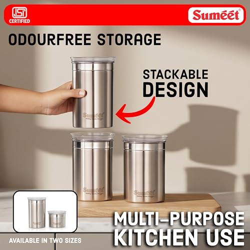 Image of Sumeet ISI Certified Stainless Steel Big Canisters /Dabba /Storage Containers for Kitchen with See Through Air Tight Lid - Set of 3 Pcs - 1100ml, 10cm Dia, Silver