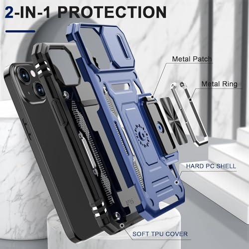 Image of Polycarbonate Back Cover Case Compatible for Apple iPhone 15 with Slide Camera Cover & Rotated Ring Kickstand | Military Grade Mobile Phone Cover Case for Apple iPhone 15 (Blue)