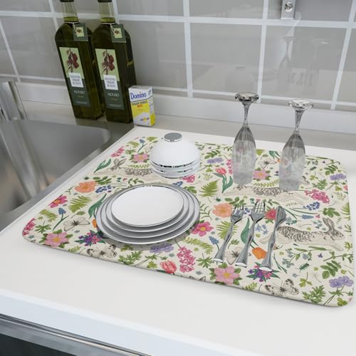 Spring Easter Dish Drying Mat for Kitchen Counter 18x24 Rabbit Bunny Green Pink Floral Vintage Print Absorbent Reversible Microfiber Drying Mats Kitchen Countertop Protector Dishes Drainer Rack Pad by Aytipun - Image 6