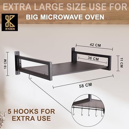 Image of KYZEN Deluxe Wall Mount Microwave Oven Stand with Pot Rack, 5 Hooks & Storage Container | Heavy-Duty Shelf for Microwave, OTG, Air Fryer, Grinder & Kitchen Organization (Black) Appliances WM Delux B
