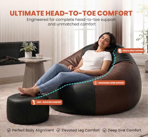 Image of Sattva Classic 2XL Bean Bag Chair with Beans Filled | Faux Leather Sofa Style Bin Bags with Footstool & Cushion | Comfortable Beans Bag for Adults, Teens, Home & Office Seating (Black & Brown)