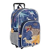 PERLETTI Carry On Backpack for Kids with Detachable Wheels Dinosaurs Print - Small Travel Rucksack for Boys Blue - Trolley for Little Children Lightweight Reflective Details - 36x25x15cm (Dinosaur)