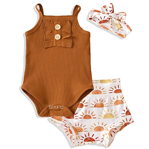 Image of AMAWMW Newborn Baby Girl Summer Clothes Ruffle Ribbed Romper Vintage Floral Bloomers Shorts Outfit Infant Gift Set
