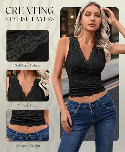 Womens Lace Tank Tops - V Neck Camisole Sleeveless Sexy Going Out Y2K Cropped Halter Vest Top3