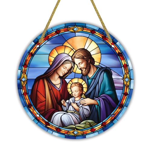 Image of Printality Stained Glass Style Christian Wall Hanging | Round MDF Plaque with Glossy Finish & Golden Zardosi String | Religious Wall Art | Jesus, Mary & Angels Design | Faith Home Decor (Design 5)