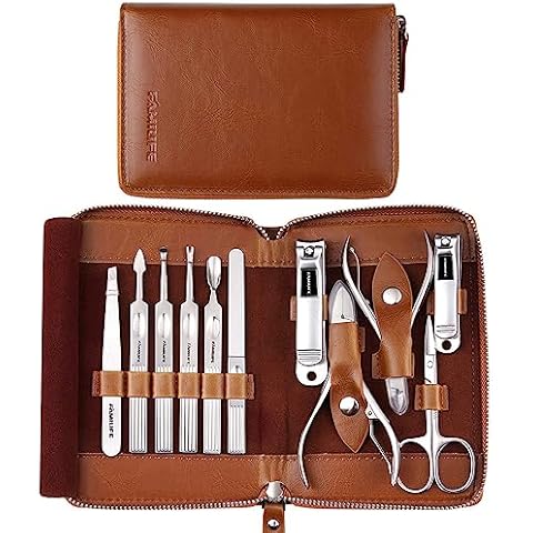 FAMILIFE Manicure Set, Professional Manicure Kit Nail Clippers Set 11 in 1 Stainless Steel Pedicure Tools Kit Nail Kit Men Grooming Kit with Portable Brown Leather Travel Case Luxury Gifts for Him Cover