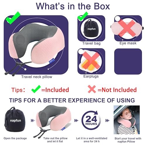 Image of napfun Neck Pillow for Traveling, Upgraded Travel Neck Pillow for Airplane 100% Pure Memory Foam Travel Pillow for Flight Headrest Sleep, Portable Plane Accessories, Pink