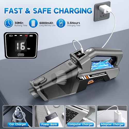 Image of EYYA Handheld Vacuum Cordless, 16KPA Powerful Suction Hand Held Vacuum Cleaner Dust Busters Cordless Rechargeable, HD Display & 3 LED Lights, Portable Vacuum for Car, Home, Pet Hair