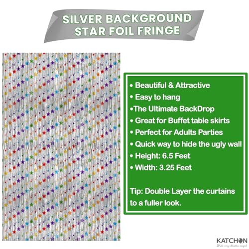 Image of KatchOn, Star Silver Foil Fringe Curtains - Pack of 2 | Silver Fringe Backdrop for Birthday, Pride Decorations, Graduation Decorations 2026 | Star Streamers for Rainbow, Space Party Decoration