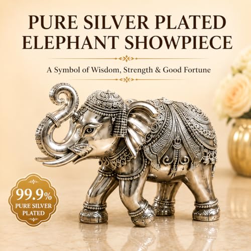 Image of KYAT Pure 999 Fine Silver Kamdhenu Cow with Calf Idol Elephant Pair (Elephant Pair 1-3'')