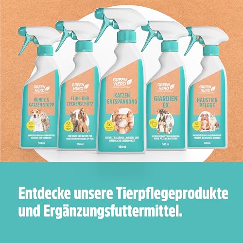 Green Hero Entspannungsspray 500 ml für Katzen enthält beruhigende Duftstoffe wie Baldrian, Lavendel und natürliche Katzenminze für Wohlbefinden und Entspannung