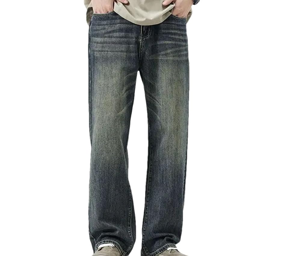 Men’S Vintage Loose Jeans Mid Waist Straight Leg Denim Pants Casual Zipper Fly Lightweight Solid Color Jeans