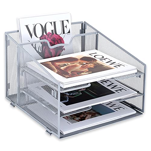Reliatronic Mesh Desktop File Organizer with 3 Letter Trays and 1 Vertical Sections, Desk File Tray Organizer Ideal for Holding Letter/A4 Size Papers, Folders, Binders, Silver