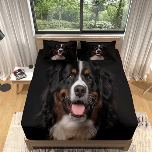 Animal Perro de MontañA de Berna Sábana Bajera Ajustable 135x190x30cm, Transpirable Tacto Suave Sábana, Negro Sábana Bajera Alta Comodidad Juego De Cama para Cama Individual