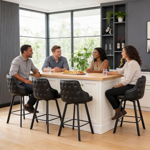 Image of Black Bar Stools Set of 4, 26 inch Faux Leather Counter Stools with High Back