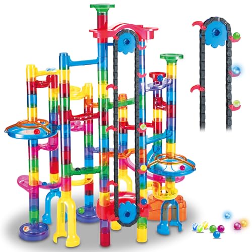 Tucrae 224 PCS Marble Runs Toys with Automatic Elevator Glowing Marble Maze Building Set STEM Puzzle Toys for 3 4 5+ Boys & Girls Childrens Day, Christmas Easter Gifts(Containing 60 Marbles)