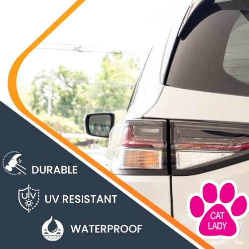 Image of Cat Lady Pink Pawprint Car Magnet 5 Inch 2 Pack, Dog Lover Gift, USA Made | Heavy duty magnetic decal for car, truck, SUV or fridge, full color UV printed