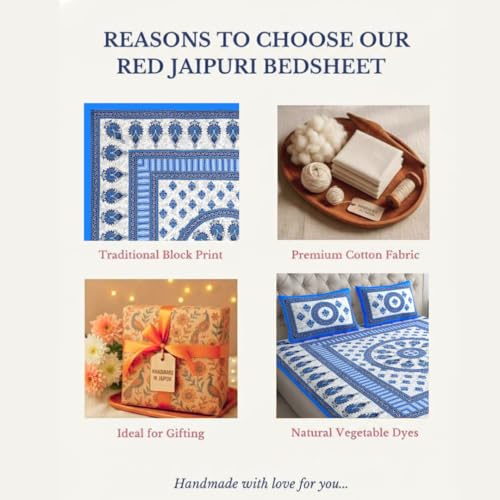 Image of JAIPUR PRINTS 100% Cotton Bedsheet for Double Size Bed bedsheets Rajasthani Jaipuri Printed Double Size Bedsheet with 2 Pillow Cover / 90x100 inch / 235x215 cm / (Blue & White)