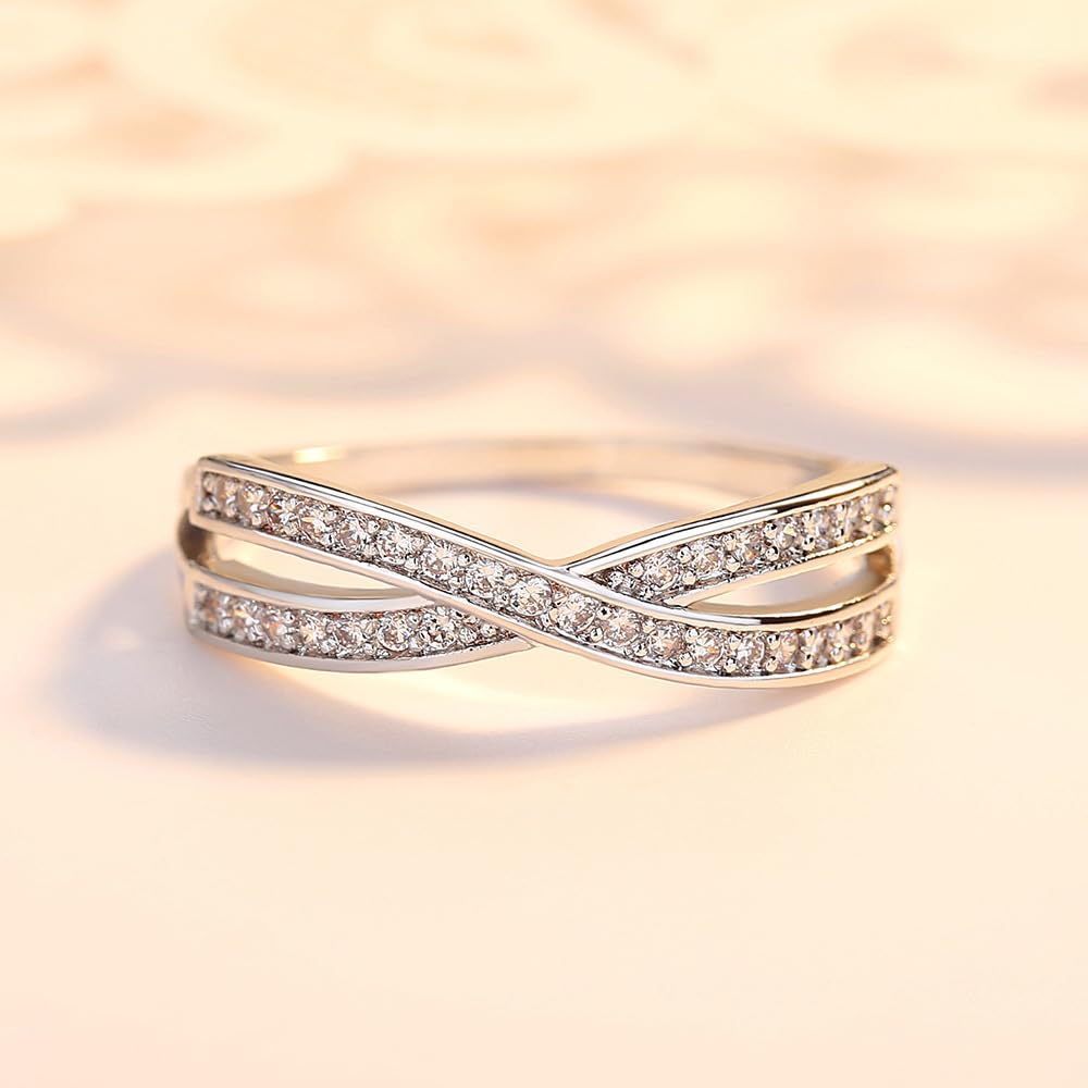 925 Sterling Silver CZ Ring, Creative Criss Cross Design X Ring for Women, Simulated Diamond Cubic Zirconia Ring Jewelry-Making-Patterns 9