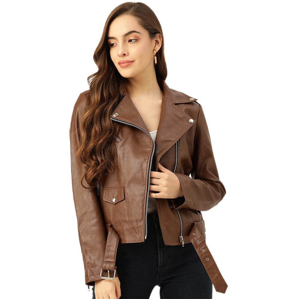 leather retail Full Sleeve Brown Solid Jacket for Woman's Biker Style-picture-36