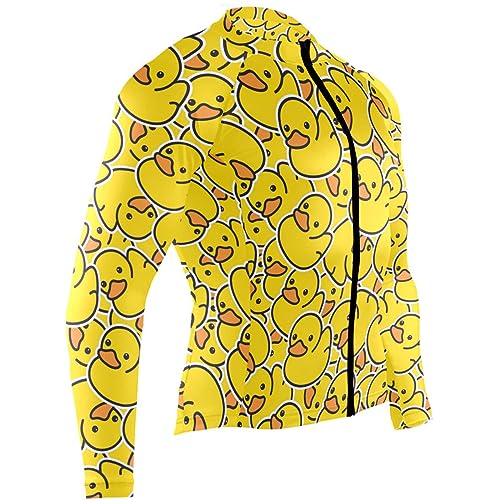 JHKKU Cute Little Yellow Duck Mens Cycling Jersey Full Zip Long Sleeve Pockets Tops Moisture Wicking, Breathable, Quick Dry Biking Shirt, X-Large