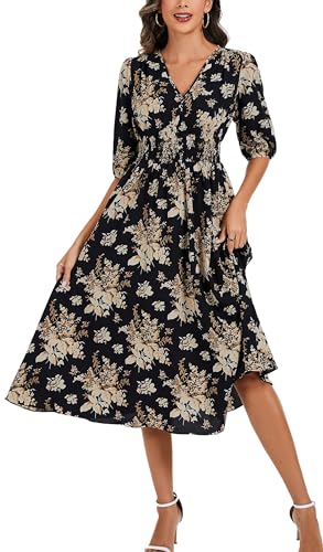 Image of Kormei Women Casual Boho V Neck 3 /4 Sleeve Smocked Waist A Line Flowy Swing Midi Dress Smocked Long Dress