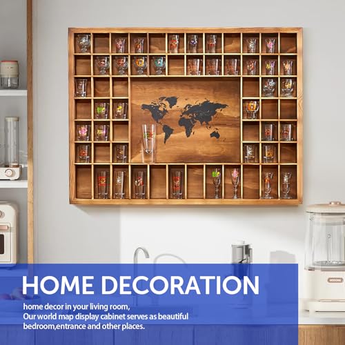 Tristcily Vitrina grande de vidrio de chupito con mapa del mundo, 60 ranuras, 34 x 26 pulgadas, gabinete de exhibición de vidrio de chupito de madera rústica para 2 tamaños, en habitaciones, bares - imagen 7