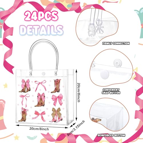 Image of Teenyyou 24 Pcs Coquette Cowgirl Clear Gift Bags Western Boots and Pink Bow Print Transparent Tote Bags, Reusable PVC Handbags for Cowgirl Theme Party, Bachelorette, Birthday, Bridal Shower