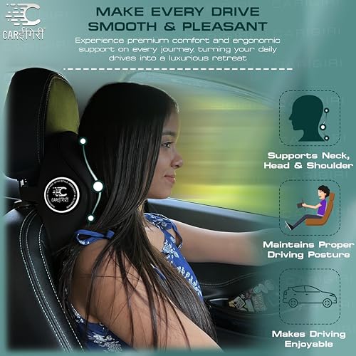 Image of Carigiri CurvaRest Car Neck Rest Pillow|1 Year Warranty|Memory Foam Neck Pillow| Seat Headrest Cushion| Car Neck Pillow for Neck Pain Relief in Office,Driving(Medium,Black,White Hemming,Pack of 1)