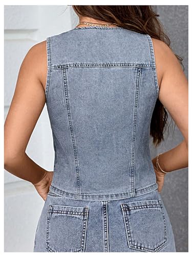 MakeMeChic Women's Denim Vest Tops Sleeveless Button Down V Neck Asymmetrical Hem Crop Jean Vest2