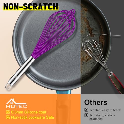 Image of HOTEC 4 Pieces Silicone Whisks Set, Wire Balloon Whisks for cooking Egg Beater, Non-slip Handle Whisk for Non-stick Cookware Perfect for Cooking, Stirring, Beating and Blending,Purple