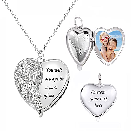 Personalized Heart Locket Necklace Angel Wing Locket That Holds Picture Custom Memory Photo Necklace Add Your Text Gift for Women Girls