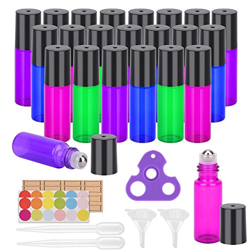 Easytle Essential Oil Roller Bottles, 24 Pack Mixed Color Glass Bottle 5ml, Roller Balls for Essential Oils, Roll on Bottles (95 Pieces Labels, 4 Funnels, 4 Dropper, 2 Opener)