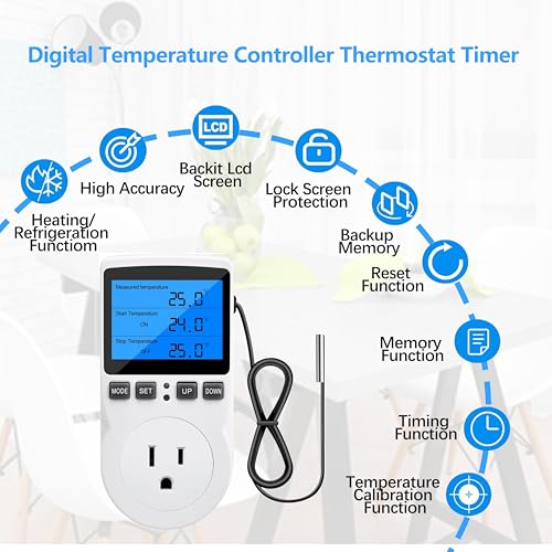 Image of Diymore Digital Temperature Controller Outlet, 120V 15A Thermostat Socket with Heating Cooling Control, Celsius Fahrenheit Display, White