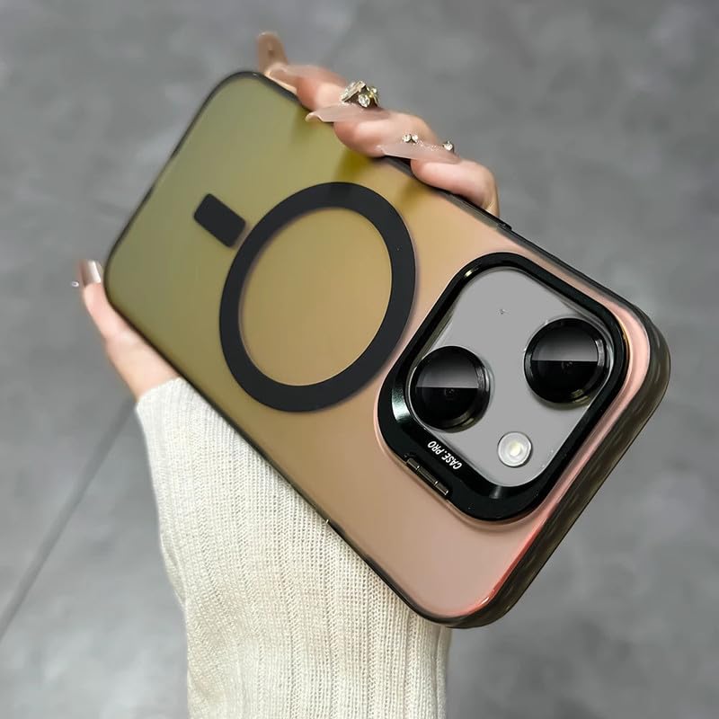 LuxuryKase Mag-Safe Shockproof Gradient Matte Case for iPhone 15 Plus | Metal Camera Lens Protector & Kickstand | Slim & Edge Protective Cover – Black