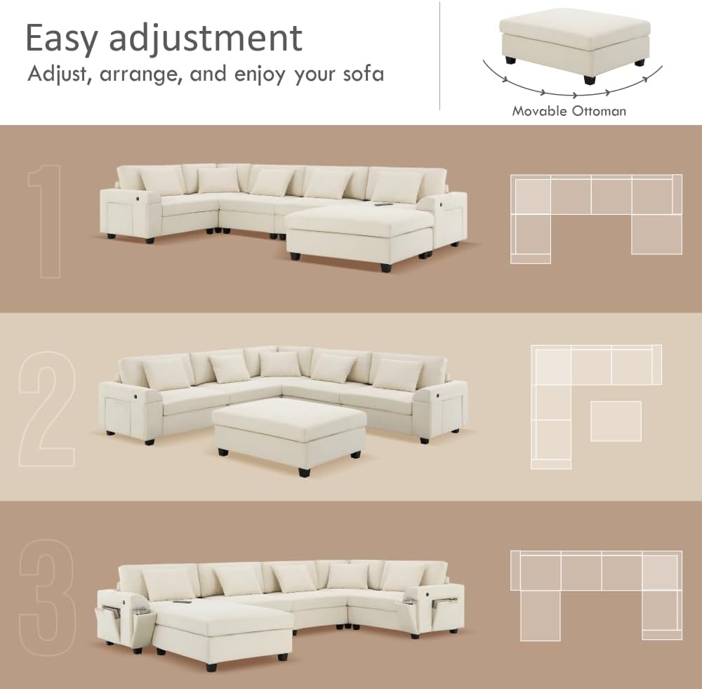 128 * 67" U Shaped Sectional Sofa,6 Seat Chenille Couch Set with Oversized Ottoman,Hidden Armrest Storage and Cup Holders,USB Charging Ports,Wide Seat Sofa for Living Room,Apartment