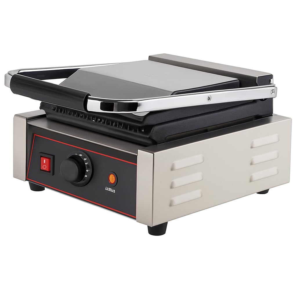 Grill Panini Elettrico Professionale 1800W - Piastre Ghisa Scanalate - Temperatura Regolabile fino a 300°C - Vassoio Grasso Inox - Struttura Acciaio Inox - Piastre 230x220mm - 230V